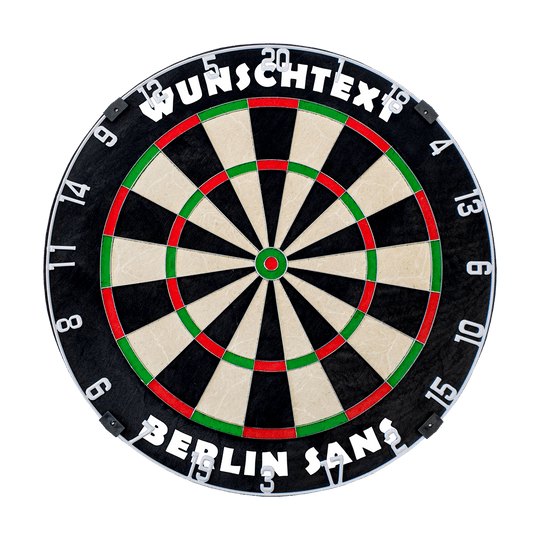 MCDB_Dartboard_mit_Wunschtext_HD_1_BerlinSans Das Bild zeigt eine runde Dartscheibe mit den typischen farbigen Segmenten. Oben steht in weißen Buchstaben "WUNSCHTEXT" und unten "BERLIN SANS".