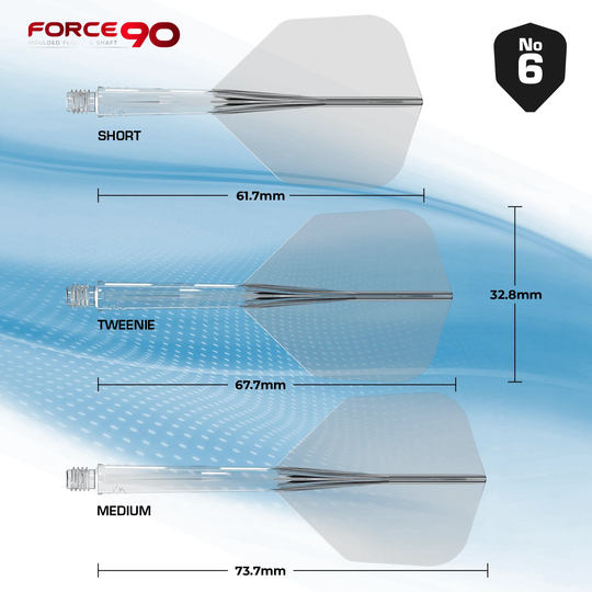 Das Bild zeigt das Produkt "Mission Force 90 No6 Flight-Shaft-System - Clear" in drei verschiedenen Längen: Short, Tweenie und Medium. Die jeweiligen Längen sind 61,7 mm, 67,7 mm und 73,7 mm, mit einer Flügelhöhe von 32,8 mm.