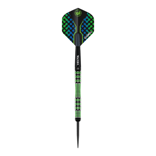 Stalowe lotki Winmau Brendan Dolan Das Bild zeigt einen Winmau Brendan Dolan Steeldart. Der Dartpfeil hat ein auffälliges Design mit grünen und blauen Akzenten.