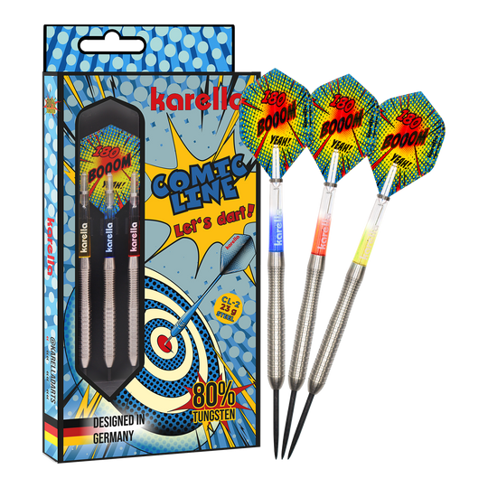 Zu sehen ist das vollständige Set der Karella Comic Line CL-2 Steeldarts in 23g. Die Steeldarts bieten eine gute Balance für ambitionierte Spieler.