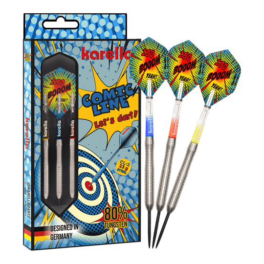 Karella Comic Line CL-2 stalowe lotki - 23g Zu sehen ist das vollständige Set der Karella Comic Line CL-2 Steeldarts in 23g. Die Steeldarts bieten eine gute Balance für ambitionierte Spieler.