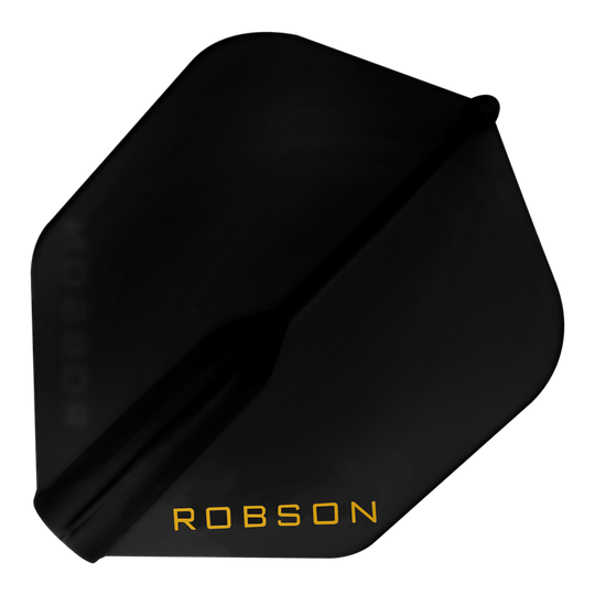 Loty Robson Plus - NO6 Auf dem Bild ist ein schwarzes Dart-Flight zu sehen. In einer Ecke steht das Wort "ROBSON" in gelber Schrift.