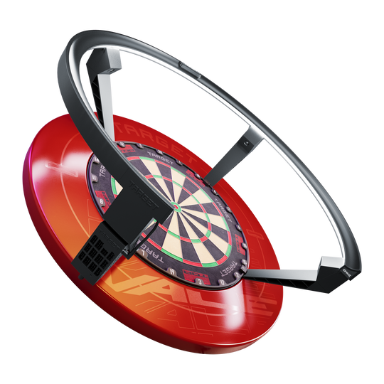 System automatycznego punktowania Target OMNI Das Bild zeigt das Produkt "Target OMNI Auto-Scoring-System", ein innovatives automatisches Punktesystem für Dartscheiben. Es besteht aus einem roten Sockel, einer Dartscheibe und einem großen schwarzen Ring, der über der Scheibe angebracht ist.