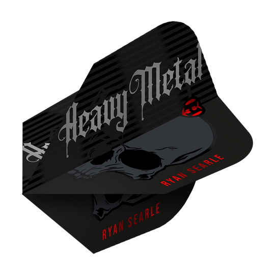Harrow's Ryan Searle Heavy Metal Series 2 Flights Das Bild zeigt ein Dart-Flight mit der Aufschrift "Heavy Metal" und einem Totenkopf-Design. Unten steht in roten Buchstaben der Name "Ryan Searle".