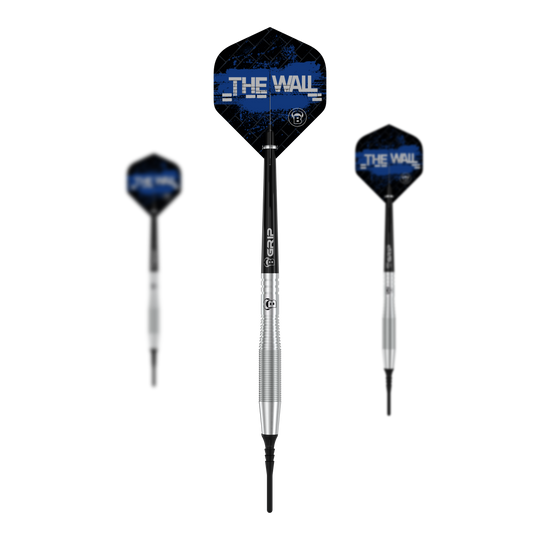 Bulls Martin Schindler TW80 miękkie lotki - 18g Das Bild zeigt drei Softdarts des Modells "Bulls Martin Schindler TW80" mit einem Gewicht von 18g. Die Flights der Darts sind schwarz-blau und tragen die Aufschrift "THE WALL".