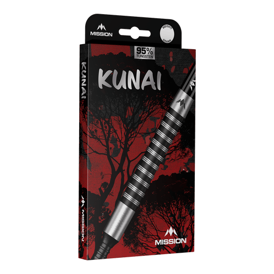 Hier wird Mission Kunai Black PVD Steeldarts - 23g dargestellt. Die Steeldarts bestehen aus schwarzem Material und wiegen 23 Gramm.