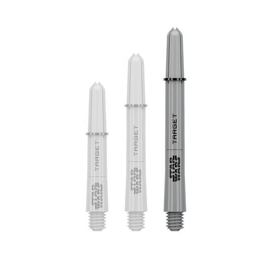 Das Bild zeigt ein Dart-Zubehör mit dem Dateinamen 380432_Target_StarWars_ProGrip_Shafts_Grau_Medium_48mm_1. Es handelt sich wahrscheinlich um einen einzelnen grauen Medium ProGrip Shaft von Star Wars mit 48mm Länge.