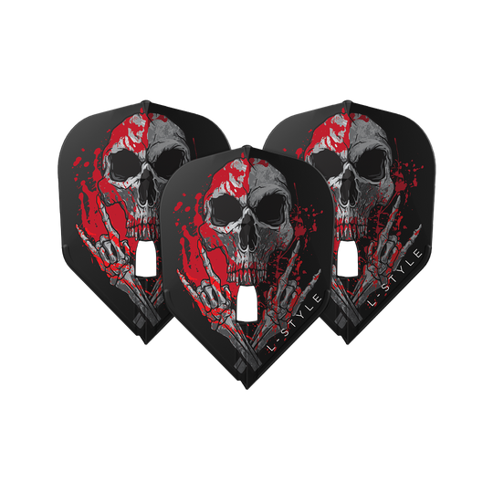 Das Bild zeigt drei schwarze Dart-Flights mit einem auffälligen Totenkopf-Design und roten Farbspritzern. Unten auf den Flights steht der Schriftzug "L-STYLE".