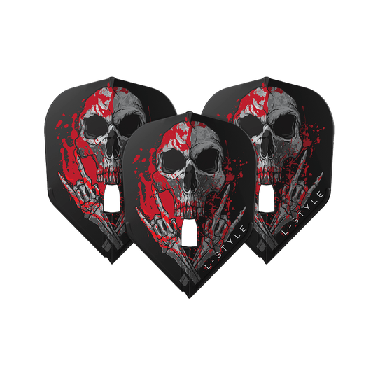 Loty Ryan Searle V3 L3PRO w stylu L, czarne Das Bild zeigt drei schwarze Dart-Flights mit einem auffälligen Totenkopf-Design und roten Farbspritzern. Unten auf den Flights steht der Schriftzug "L-STYLE".