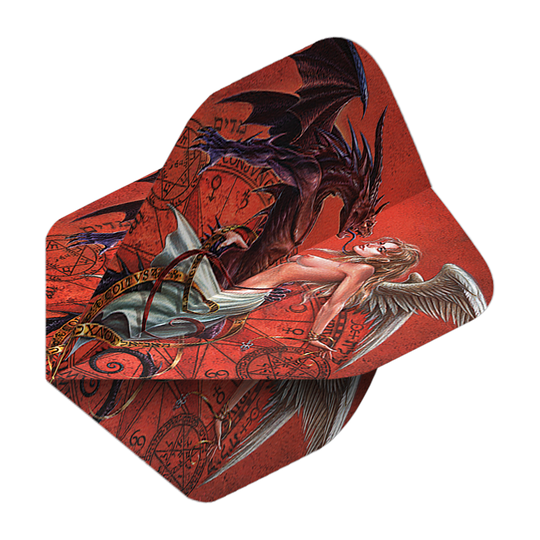 Alchemiczny Ślub Chemiczny Nr 2 Standardowe Loty Das Bild zeigt das Produkt "Alchemy Chemical Wedding No2 Standard Flights". Auf dem Flight ist eine künstlerische Darstellung eines Engels und eines Dämons vor magischen Symbolen zu sehen.