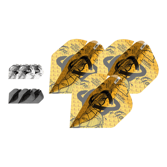 Target Ink Bundle 3 zestawy Gabriel Clemens No2 Standard Flights Das Bild zeigt drei Sets von Gabriel Clemens No2 Standard Flights aus der Target Ink Bundle Kollektion. Die Flights haben unterschiedliche Designs in Gelb, Schwarz und Weiß.