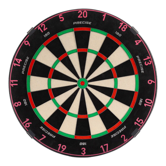 Das Precise 180 Endorphine Steeldartboard mit Nummernring in Cyber Pink ist auf dem Bild dargestellt. Es eignet sich perfekt für anspruchsvolle Dartspieler.