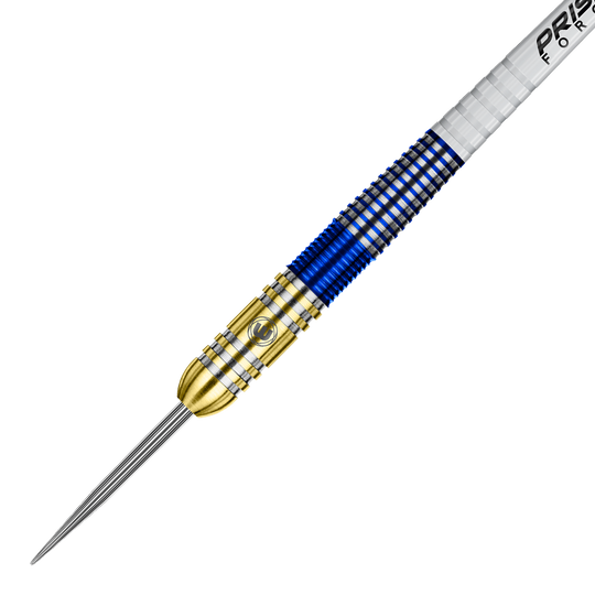 Das Bild zeigt einen Winmau Steve Beaton Tungsten Steeldart. Der Dartpfeil hat ein auffälliges Design mit goldenen und blauen Ringen am Griff.
