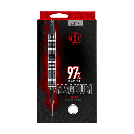 HA29471_Harrows_Magnum_Reloaded_Softdarts_3 Die Abbildung zeigt die Verpackung der "Harrows Magnum Reloaded Softdarts". Auf der Verpackung steht, dass die Darts aus 97% Tungsten bestehen und einen segmentierten Cubic Grip haben.