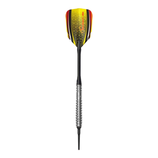 Lotki McDart 85 Tungsten V20 Soft Darts - 17g Dies ist ein Softdart namens "McDart 85er Tungsten V20" mit einem Gewicht von 17g. Der Dart hat einen silbernen Griff und gelb-schwarze Flights mit roten Akzenten.