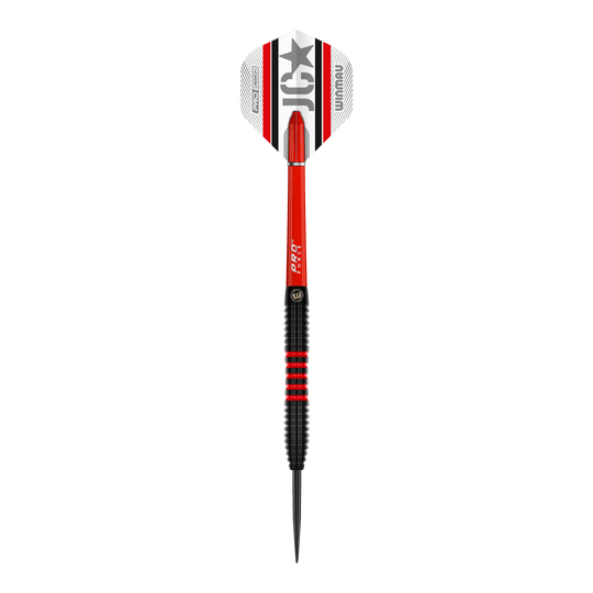 Stalowe lotki Winmau Joe Cullen 85 Pro-Series Das Bild zeigt einen Winmau Joe Cullen 85 Pro-Series Steeldart. Der Dart ist überwiegend schwarz und rot mit weißen Elementen und einem auffälligen Flights-Design.