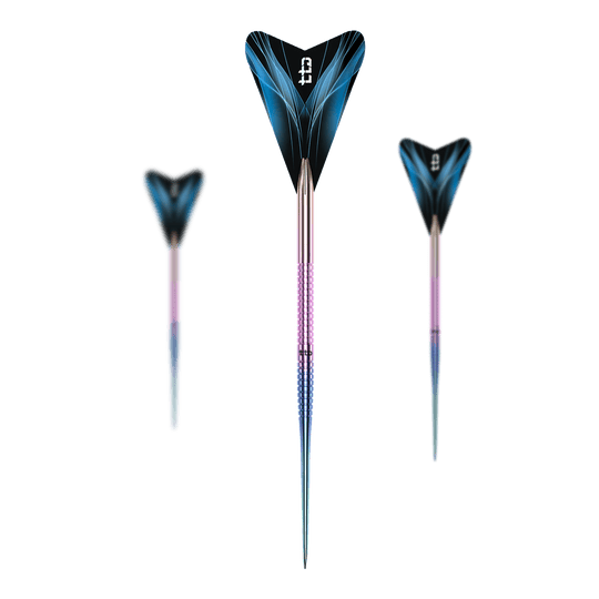Dies ist ein Set des Caliburn TTD Complete Titanium T1 Rainbow Steeldarts - 5g. Mehrere Dartpfeile mit regenbogenfarbenem Design sind zu sehen.
