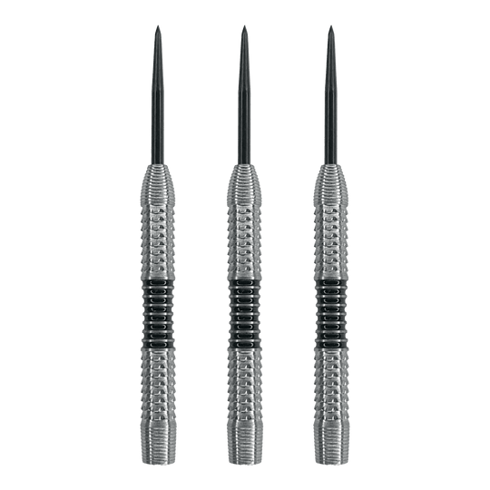 McDart Black Stripe 2 stalowe lufy do rzutek - 22 g Das Bild zeigt drei Steeldart-Barrels mit silberner Oberfläche und schwarzen Ringen in der Mitte. Es handelt sich um das Produkt "McDart Black Stripe 2 Steeldart-Barrels - 22g".