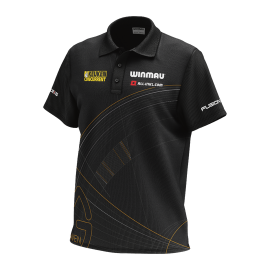Koszulka polo dart Winmau z limitowanej edycji Das Bild zeigt das "Winmau Limited Edition Tour Polo Dartshirt" in Schwarz mit gelben und weißen Logos. Das Shirt hat kurze Ärmel, einen Kragen und ein modernes Linienmuster auf der Vorderseite.