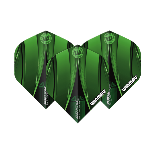 Winmau Alpha Sniper Green Standard Flights Das Bild zeigt drei grüne Dart-Flights des Modells „Winmau Alpha Sniper Green Standard Flights“. Die Flights haben ein modernes, grünes Design mit schwarzen Akzenten und dem weißen Winmau-Logo.