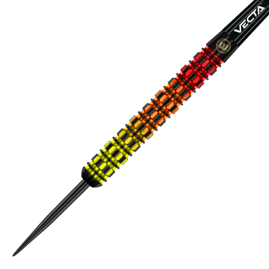 Winmau Firestorm Flame Parallel Steeldarts Das Bild zeigt den Winmau Firestorm Flame Parallel Steeldart. Der Dart hat einen auffälligen Farbverlauf von Gelb über Orange zu Rot und ein markantes Rillendesign am Barrel.