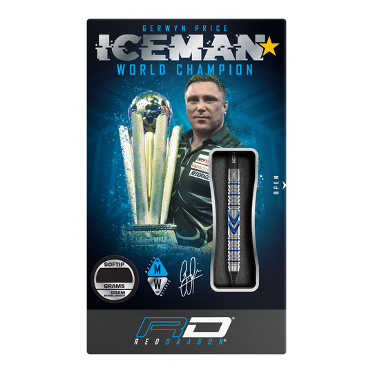 Czerwone lotki do gry Red Dragon Gerwyn Price Iceman Midnight Edition Soft Darts – 20 g Die Verpackung zeigt die Red Dragon Gerwyn Price Iceman Midnight Edition Softdarts mit einem Gewicht von 20g. Auf der Vorderseite sind ein Bild von Gerwyn Price und ein Dartpfeil abgebildet.