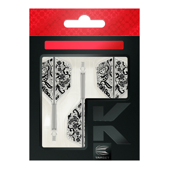System wału lotniczego Target Japan K-Flex Diamond No6 Das Bild zeigt die Verpackung des Produkts "Target Japan K-Flex Diamond No6 Flight-Shaft-System". Zu sehen sind drei transparente Dartschäfte mit weißen Flights, die ein detailliertes, schwarzes Muster haben.