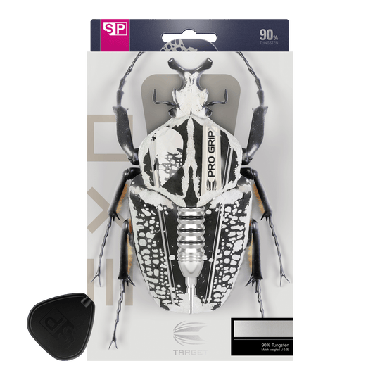 Stalowe lotki Target EXO SP01 Swiss Point Das Bild zeigt die Verpackung der Target EXO SP01 Swiss Point Steeldarts. Auf der Verpackung ist ein stilisierter Käfer abgebildet, in dessen Körper der Dartpfeil integriert ist.