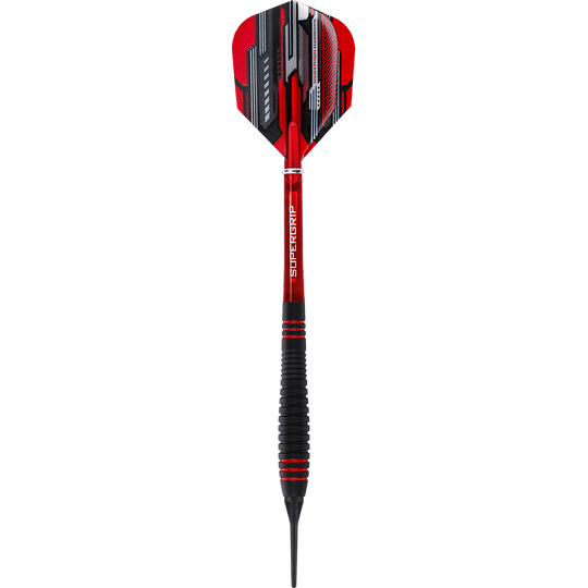 HA13722_Harrows_ACE_Rubber_Grip_Softdarts_1u7z0pEg30RuFs Das Bild zeigt einen Harrows ACE Rubber Grip Softdart. Der Dartpfeil ist rot und schwarz gestaltet und hat einen gummierten Griff für besseren Halt.