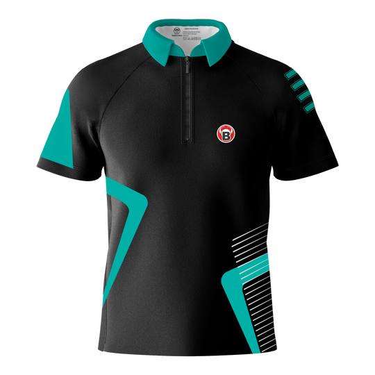 Koszulka Bulls Team Dart - Mięta Das Bild zeigt das Bulls Team Dartshirt in der Farbe Mint. Das Shirt ist überwiegend schwarz mit mintfarbenen Akzenten und einem kleinen B-Logo auf der Brust.