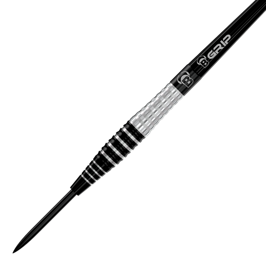 Rzutki stalowe Bulls Martin Schindler Original Generation 3 Das Bild zeigt den Bulls Martin Schindler Original Generation 3 Steeldart. Der Dart hat ein silber-schwarzes, geriffeltes Griffstück und eine spitze Metallspitze.