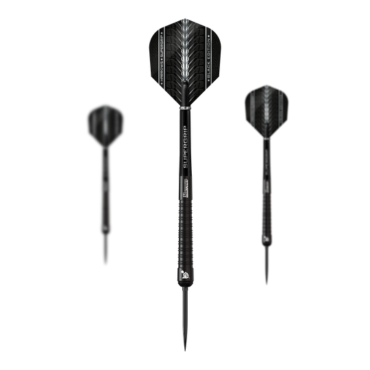 Lotki stalowe Harrows Supergrip 90 Black Edition Quick Point Auf diesem Bild ist ein Set der Harrows Supergrip 90 Black Edition Quick Point Steeldarts zu sehen. Die Steeldarts sind ideal für Turniere und Freizeitspiele.