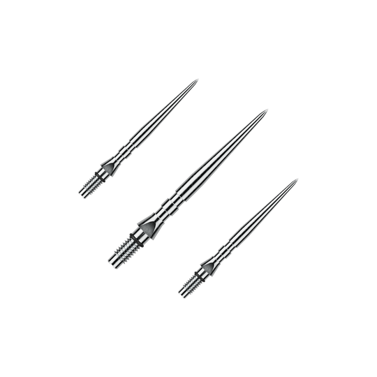 Stalowe groty do lotek Winmau Switch Point Groove – efekt srebrny Auf dem Bild ist ein Set von silbernen Steeldartspitzen mit Rillen zu sehen, wahrscheinlich 'Switch Point Groove Silver Effect' und 26mm lang. Das Set ist für den Einsatz bei Steeldarts gedacht.