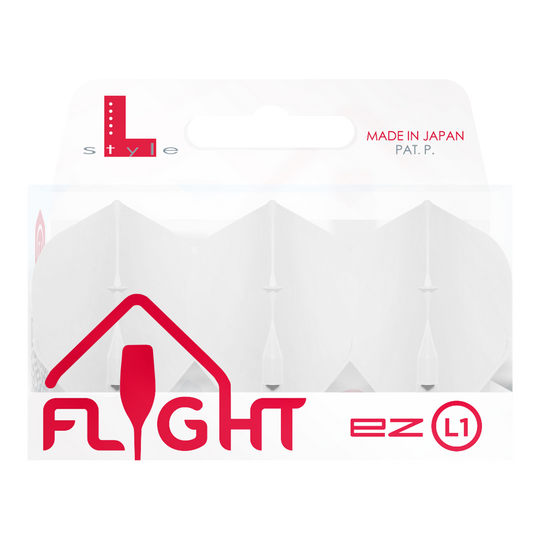 L-Style Champagne L1EZ Standard Flights Das Bild zeigt eine Packung mit weißen L-Style Champagne L1EZ Standard Flights. Die Verpackung ist durchsichtig und mit roten sowie grauen Aufschriften gestaltet.
