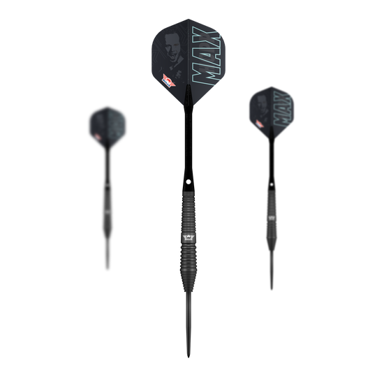 Darty Bulls NL Max Hopp Black Steel Das Bild zeigt die Bulls NL Max Hopp Black Steeldarts. Es handelt sich um ein Set von hochwertigen Steeldarts für Präzisionsspiel.