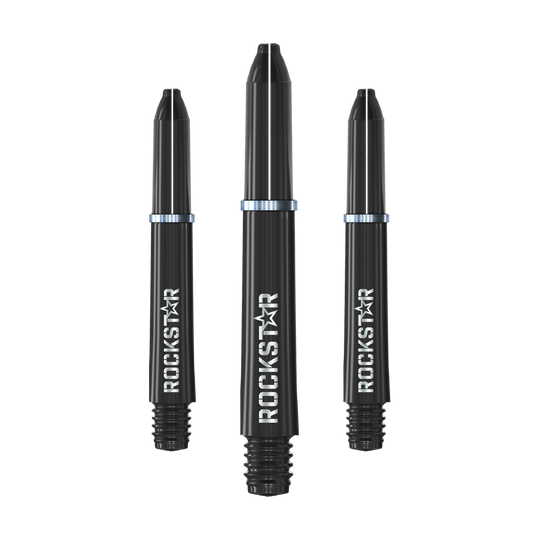 Winmau Joe Cullen Rockstar Nylon Shafts Czarny Das Bild zeigt drei schwarze Dartschäfte mit der Aufschrift "ROCKSTAR". Sie sind jeweils mit einem silbernen Metallring versehen.