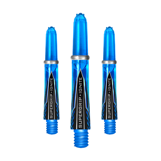 Das Bild zeigt drei blaue Harrows Supergrip Ignite Shafts in der Farbe Aqua. Die Shafts haben ein modernes Design mit dem Schriftzug "SUPERGRIP IGNITE" auf der Vorderseite.