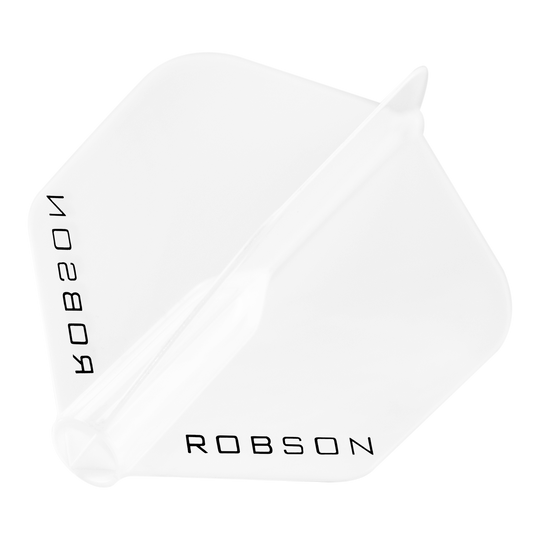Loty Robson Plus — standardowe Das Bild zeigt einen klaren Dart-Flügel mit der Aufschrift "ROBSON". Der Flügel hat eine standardmäßige, sechseckige Form.