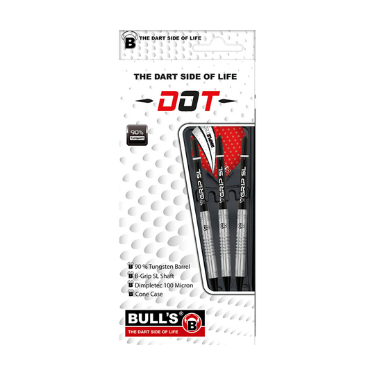 Das Bild zeigt die Verpackung der "Bulls Dot D4 Softdarts - 18 g". In der Verpackung befinden sich drei Softdarts mit 90 % Tungsten Barrel und B-Grip SL Shafts.