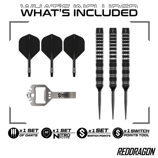 Hier ist der Red Dragon Sable Parallel Switch Point Steeldarts zu sehen. Diese Steeldarts stehen für Qualität und Langlebigkeit.