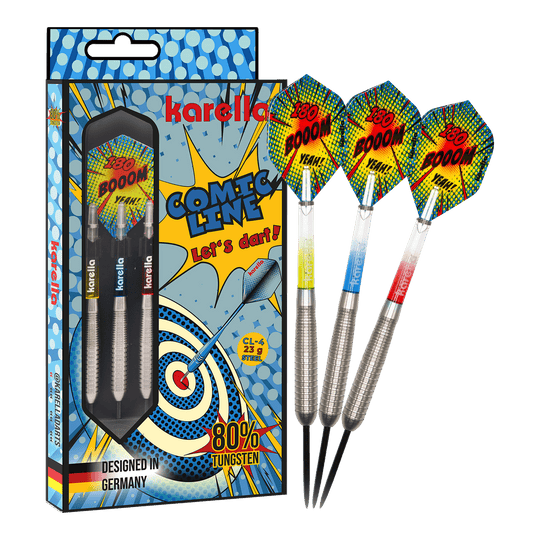 Karella Comic Line CL-4 stalowe lotki - 23g Das Bild präsentiert die Karella Comic Line CL-4 Steeldarts mit einem Gewicht von 23g. Diese Darts sind robust und für ambitionierte Spieler konzipiert.