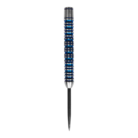 Beczki McDart Ocean Steeldart - 23g Das Bild zeigt ein McDart Ocean Steeldart Barrel mit einem Gewicht von 23g. Der Barrel hat ein silber-blaues Design mit Rillen und einem spitzen Ende.