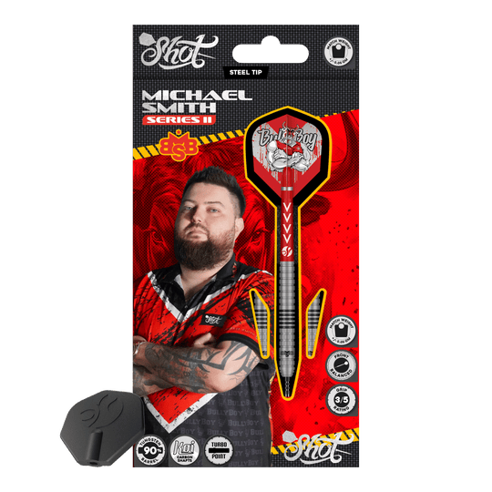 Shot Michael Smith Series 2 Turbo Point stalowe lotki Abgebildet sind die Shot Michael Smith Series 2 Turbo Point Steeldarts. Sie sind speziell für Präzision und Kontrolle beim Dartspielen entwickelt.