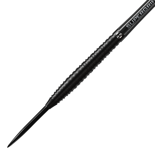 Stalowe lotki Harrows NX90 Black Edition Das Bild zeigt einen Harrows NX90 Black-Edition Steeldart. Der Dartpfeil ist komplett schwarz und hat eine geriffelte Griffzone für besseren Halt.