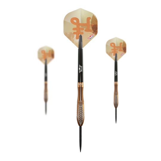 Abgebildet sind die Bulls NL Bronzo Nova Steeldarts mit einem Gewicht von 24g. Sie sind auf einem neutralen Hintergrund dargestellt.
