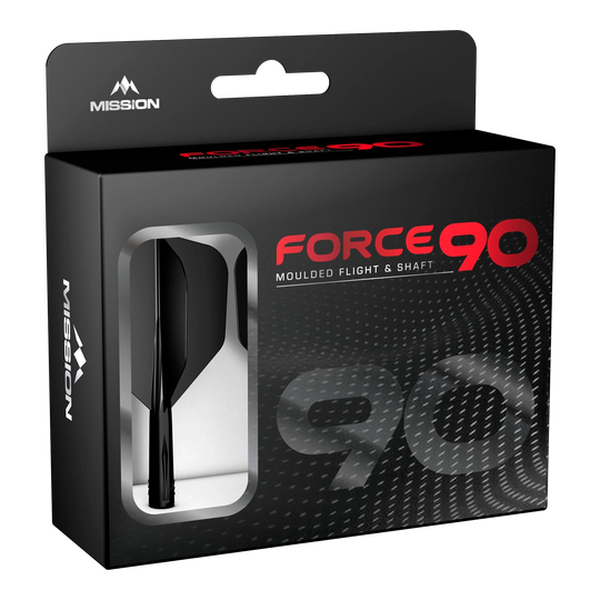 System wału lotniczego Mission Force 90 No6 – czarny Die Abbildung zeigt die Verpackung des Produkts "Mission Force 90 No6 Flight-Shaft-System - Schwarz". In der Box befindet sich ein schwarzes Flight- und Shaft-System für Darts.