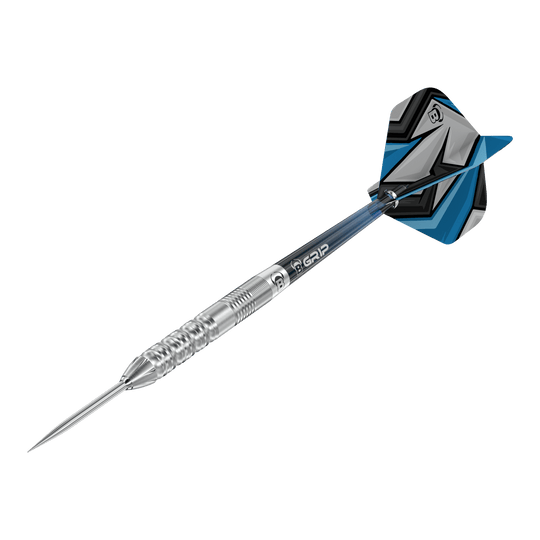 Bulls Stone S2 Steeldarts Das Bild zeigt einen Bulls Stone S2 Steeldartpfeil mit silberner Spitze und Riffelung für besseren Halt. Das Flight-Design ist in Blau, Schwarz und Grau gehalten.