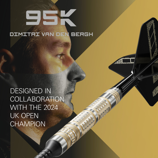 Gezeigt werden die Target Dimitri Van Den Bergh 95K Softdarts - 19g. Die Darts zeichnen sich durch ihr elegantes Design aus.