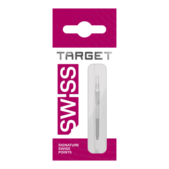 Diese Grafik zeigt drei silberne Dartspitzen mit einer Länge von 30mm. Sie sind für das Swiss Point System konzipiert.
