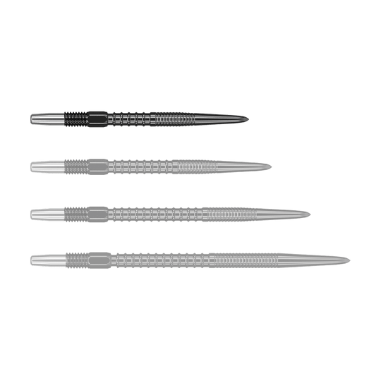 Końcówki lotek Target Swiss Firepoint Black Auf dem Bild sind vier schwarze Dartspitzen in einer Reihe zu sehen. Sie sind aus Metall und haben ein modernes, gerilltes Design.